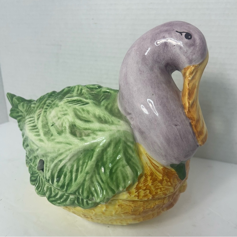 VTG Handpainted Ceramic Bird Gravy Boat Tureen Made in Italy Lettuce Festhers